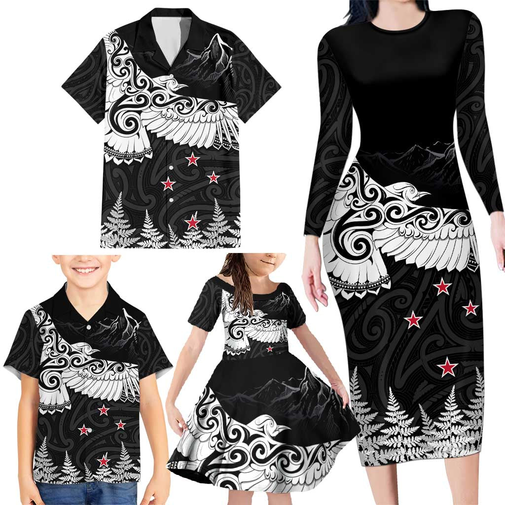 New Zealand Kea Bird Family Matching Long Sleeve Bodycon Dress and Hawaiian Shirt Maori Tattoo and Silver Fern Black Color