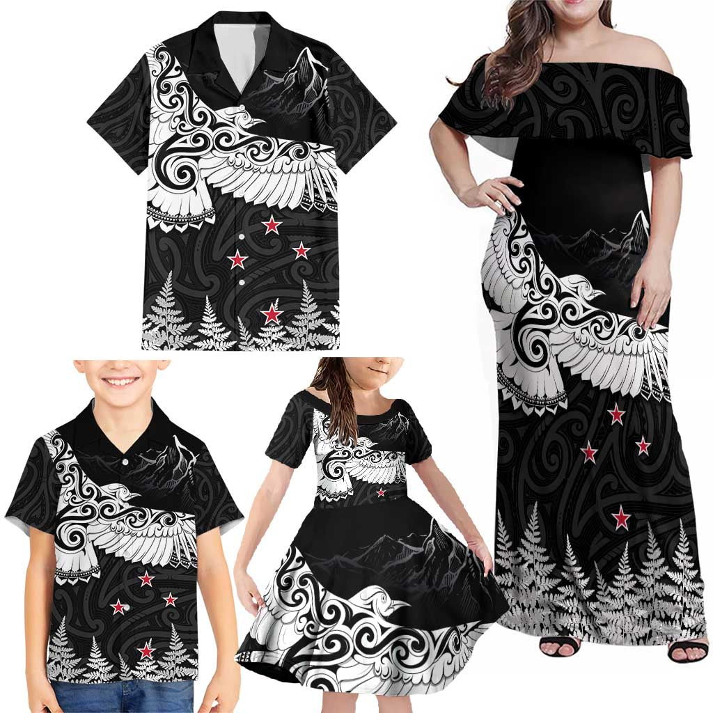 New Zealand Kea Bird Family Matching Off Shoulder Maxi Dress and Hawaiian Shirt Maori Tattoo and Silver Fern Black Color