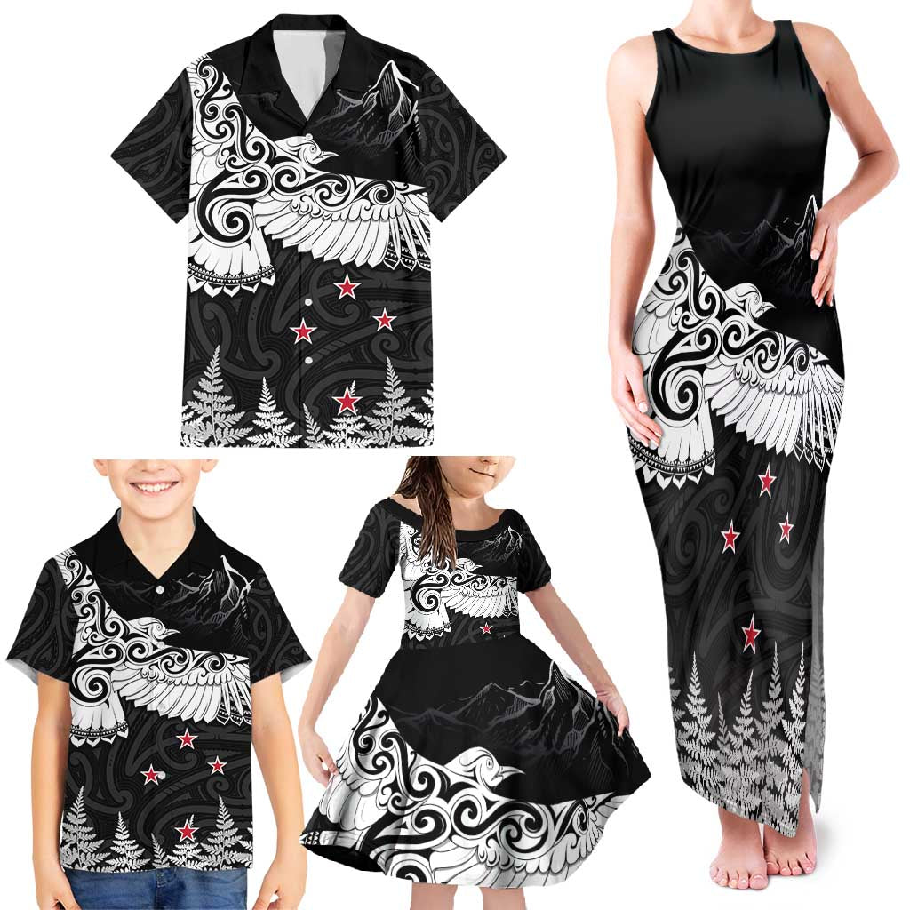 New Zealand Kea Bird Family Matching Tank Maxi Dress and Hawaiian Shirt Maori Tattoo and Silver Fern Black Color