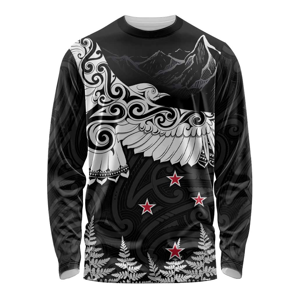 New Zealand Kea Bird Long Sleeve Shirt Maori Tattoo and Silver Fern Black Color