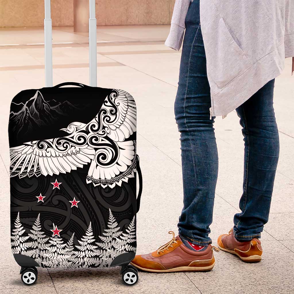 New Zealand Kea Bird Luggage Cover Maori Tattoo and Silver Fern Black Color