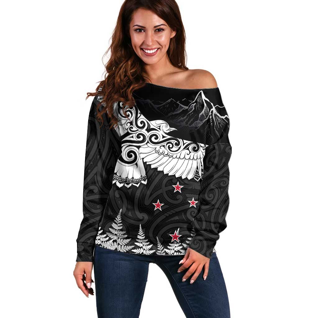 New Zealand Kea Bird Off Shoulder Sweater Maori Tattoo and Silver Fern Black Color LT03 Women Black - Polynesian Pride