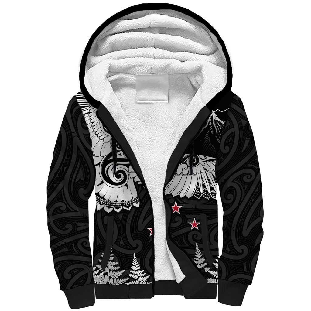 New Zealand Kea Bird Sherpa Hoodie Maori Tattoo and Silver Fern Black Color