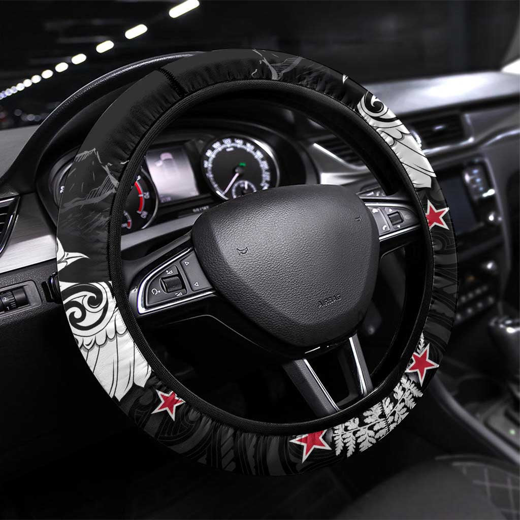 New Zealand Kea Bird Steering Wheel Cover Maori Tattoo and Silver Fern Black Color