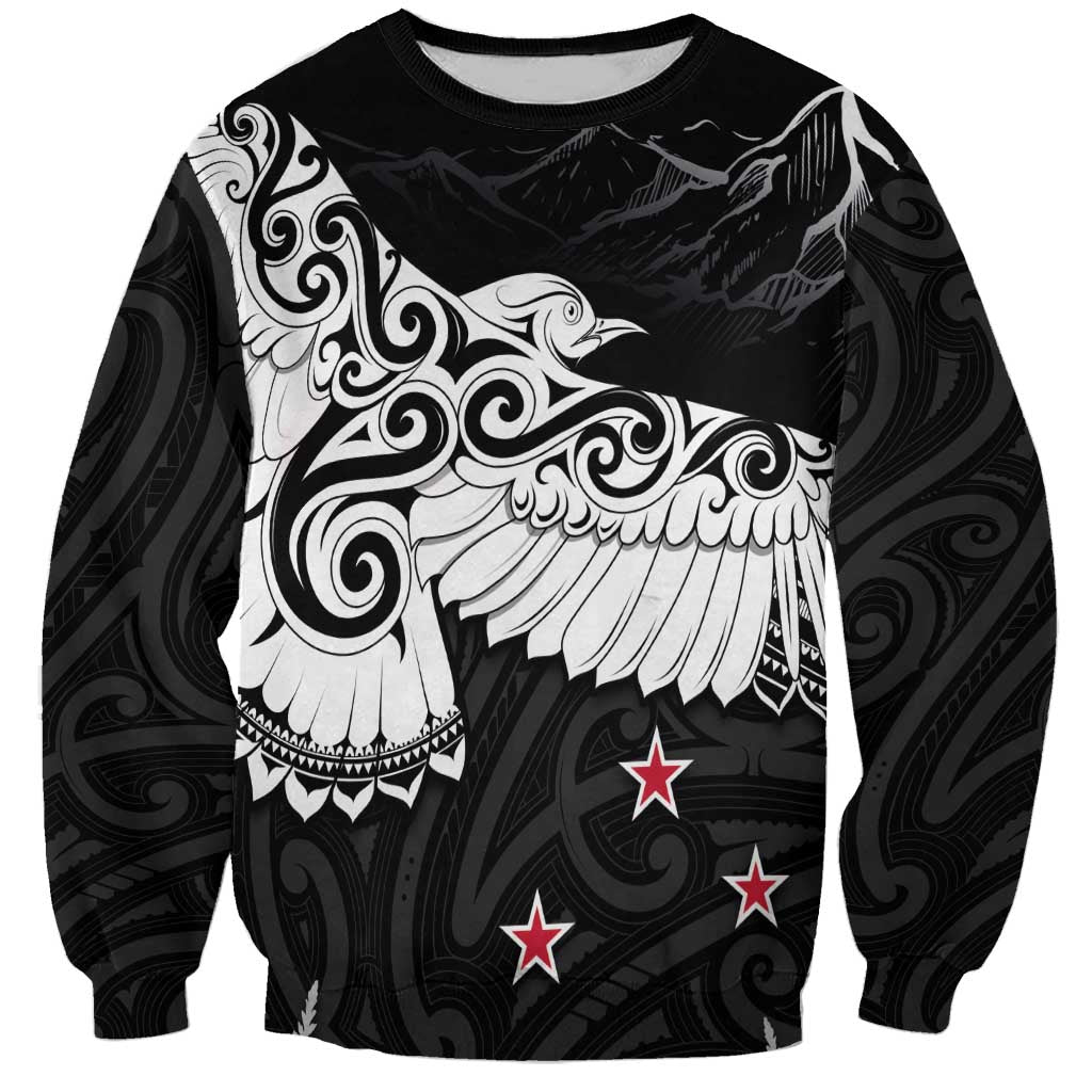 New Zealand Kea Bird Sweatshirt Maori Tattoo and Silver Fern Black Color