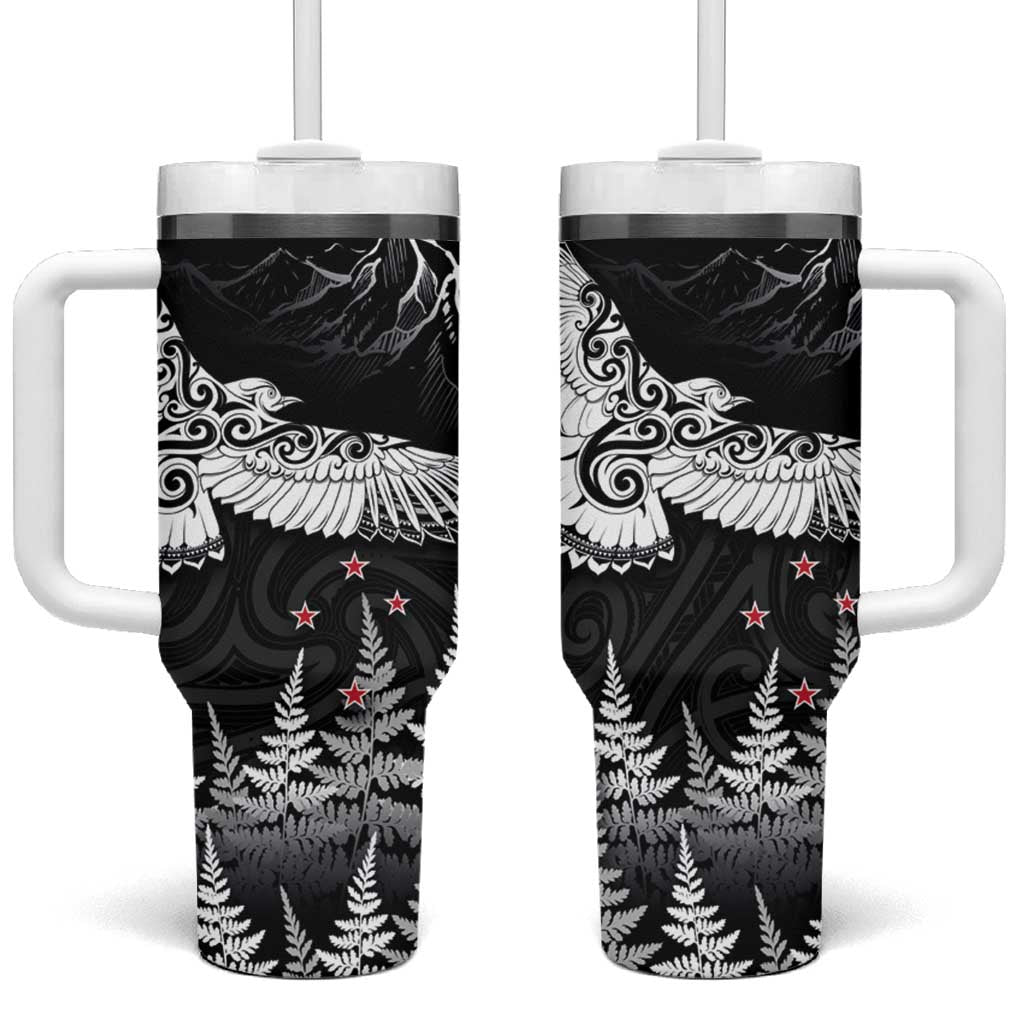 New Zealand Kea Bird Tumbler With Handle Maori Tattoo and Silver Fern Black Color