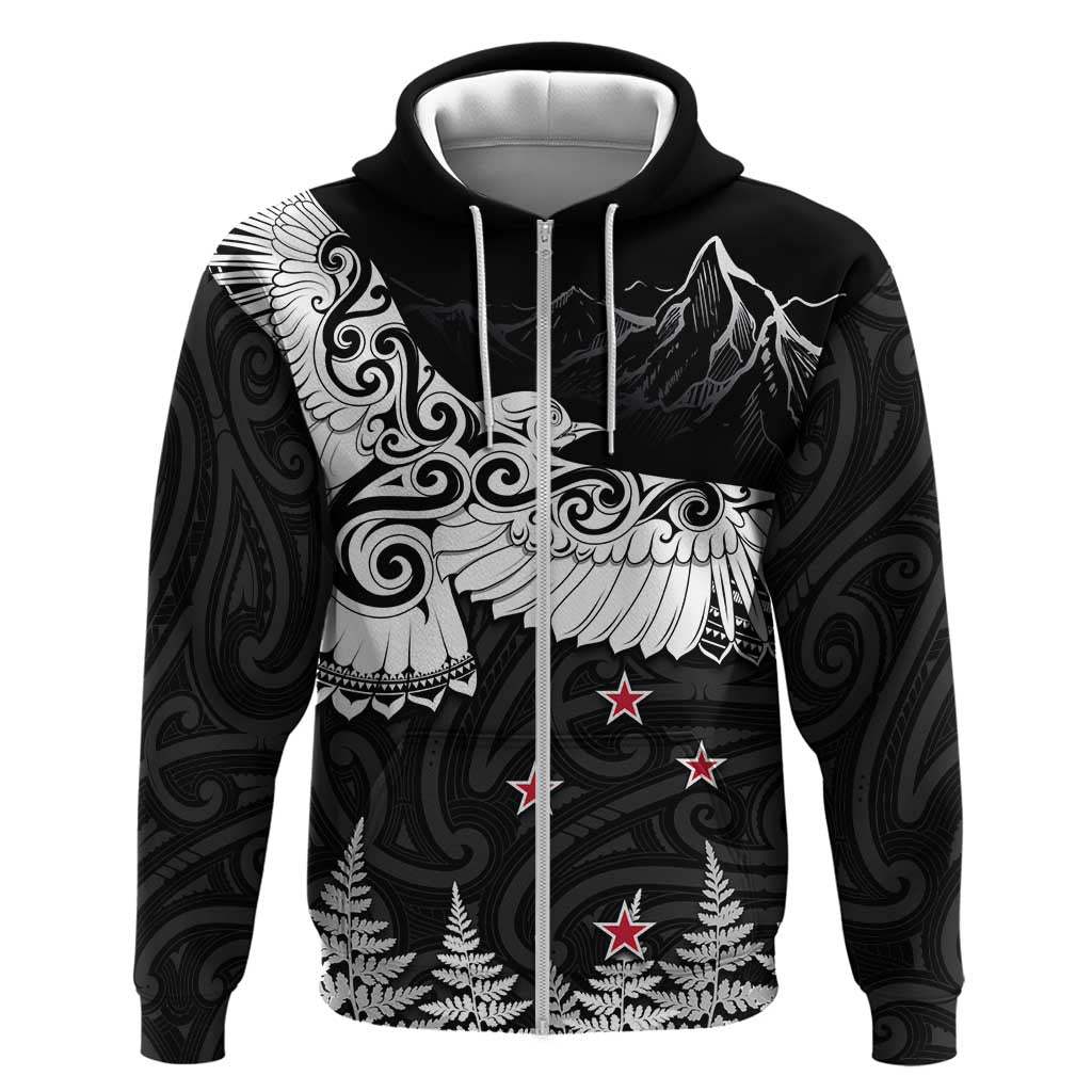 New Zealand Kea Bird Zip Hoodie Maori Tattoo and Silver Fern Black Color