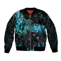 New Zealand Kea Bird Bomber Jacket Maori Tattoo and Silver Fern Paua Shell Style LT03 Unisex Black - Polynesian Pride