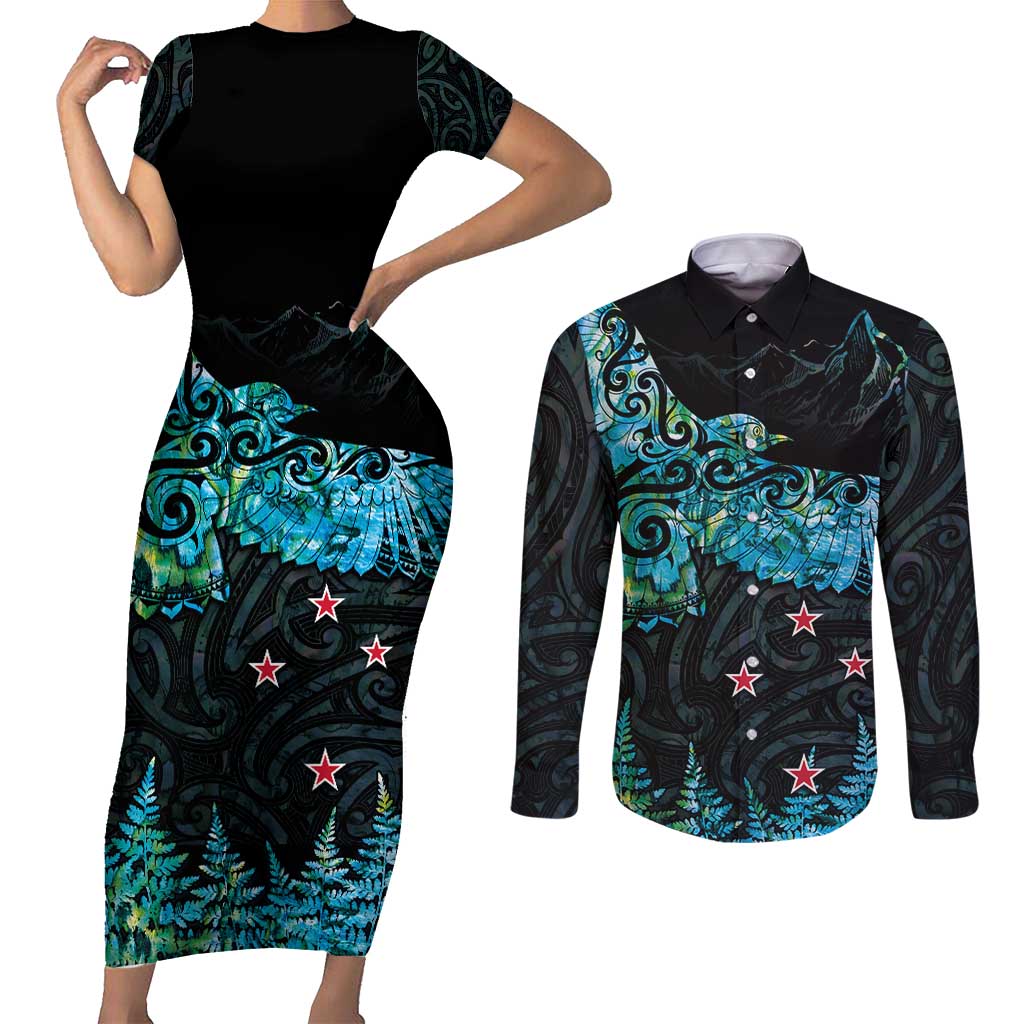 New Zealand Kea Bird Couples Matching Short Sleeve Bodycon Dress and Long Sleeve Button Shirt Maori Tattoo and Silver Fern Paua Shell Style