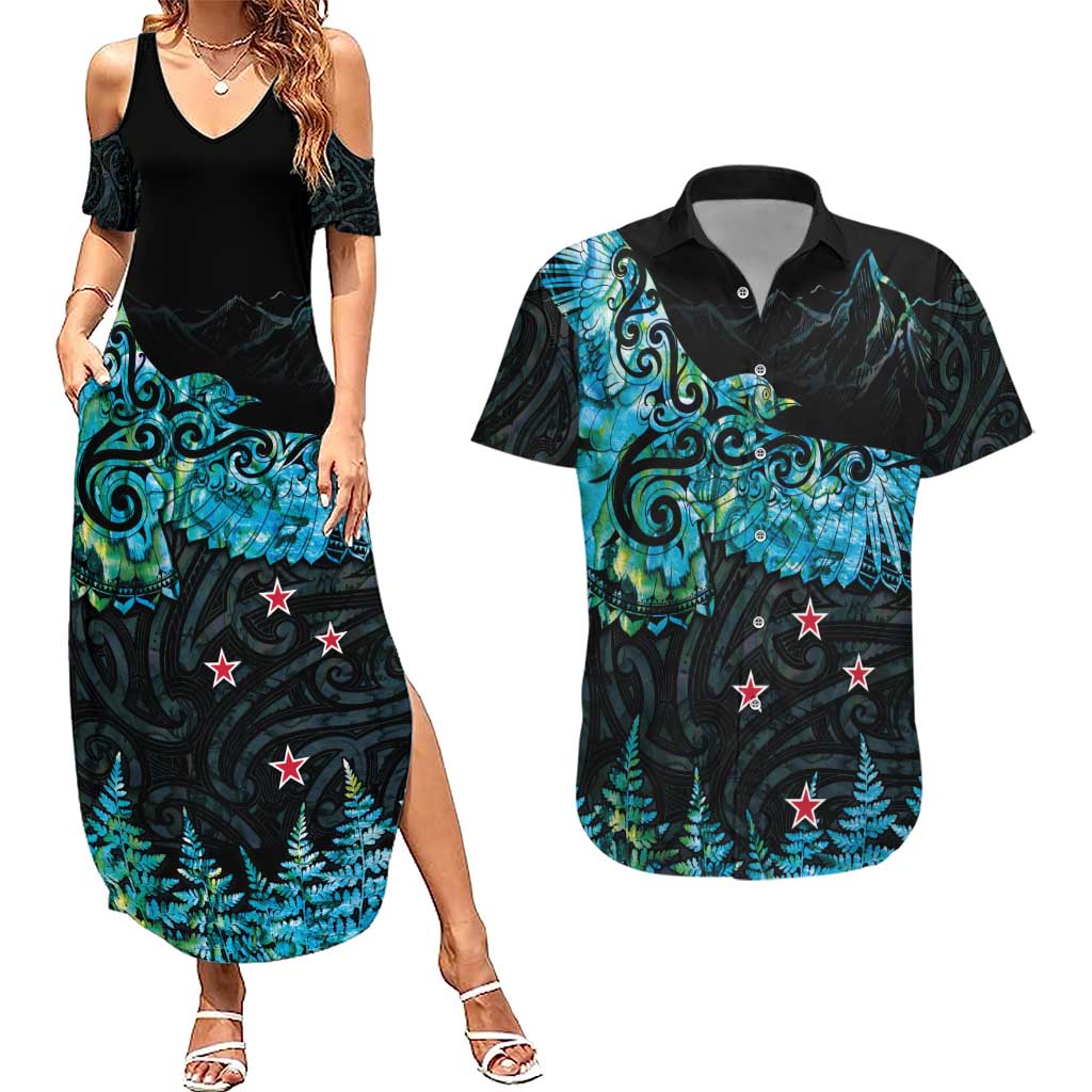 New Zealand Kea Bird Couples Matching Summer Maxi Dress and Hawaiian Shirt Maori Tattoo and Silver Fern Paua Shell Style