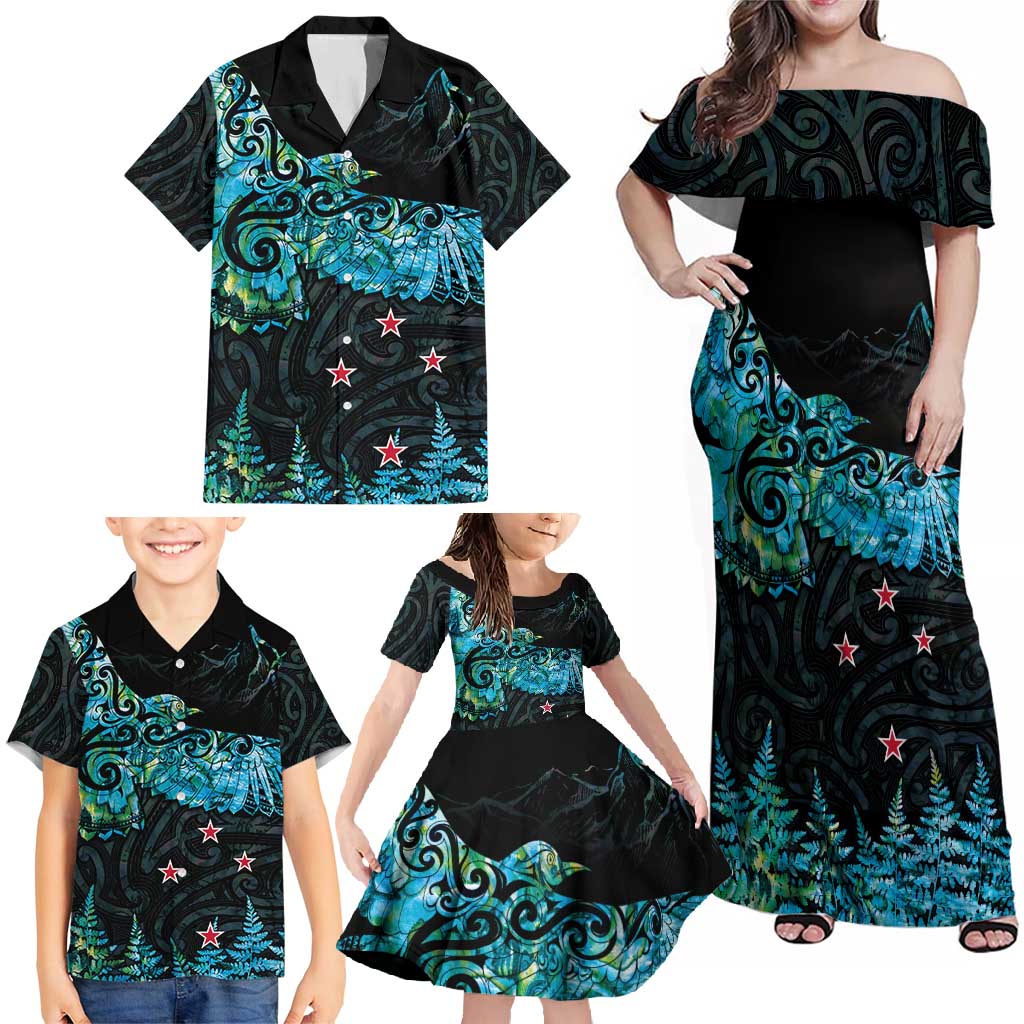 New Zealand Kea Bird Family Matching Off Shoulder Maxi Dress and Hawaiian Shirt Maori Tattoo and Silver Fern Paua Shell Style