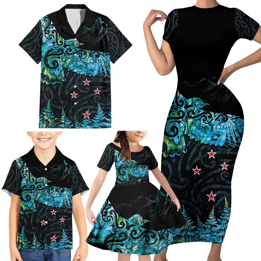 New Zealand Kea Bird Family Matching Short Sleeve Bodycon Dress and Hawaiian Shirt Maori Tattoo and Silver Fern Paua Shell Style