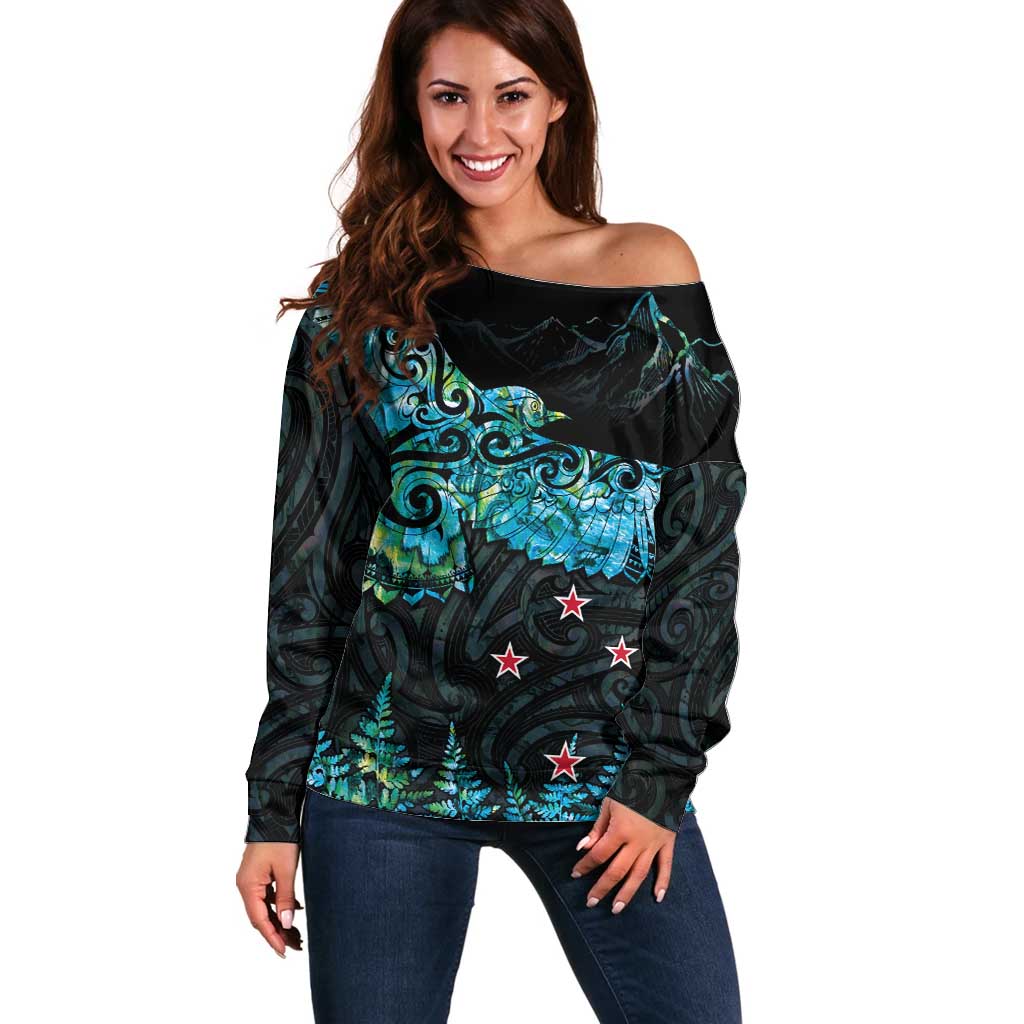 New Zealand Kea Bird Off Shoulder Sweater Maori Tattoo and Silver Fern Paua Shell Style LT03 Women Black - Polynesian Pride