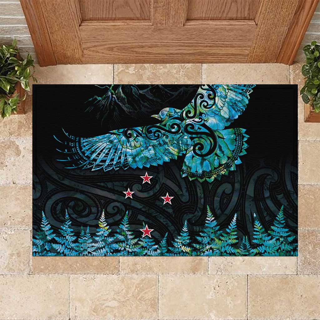 New Zealand Kea Bird Rubber Doormat Maori Tattoo and Silver Fern Paua Shell Style