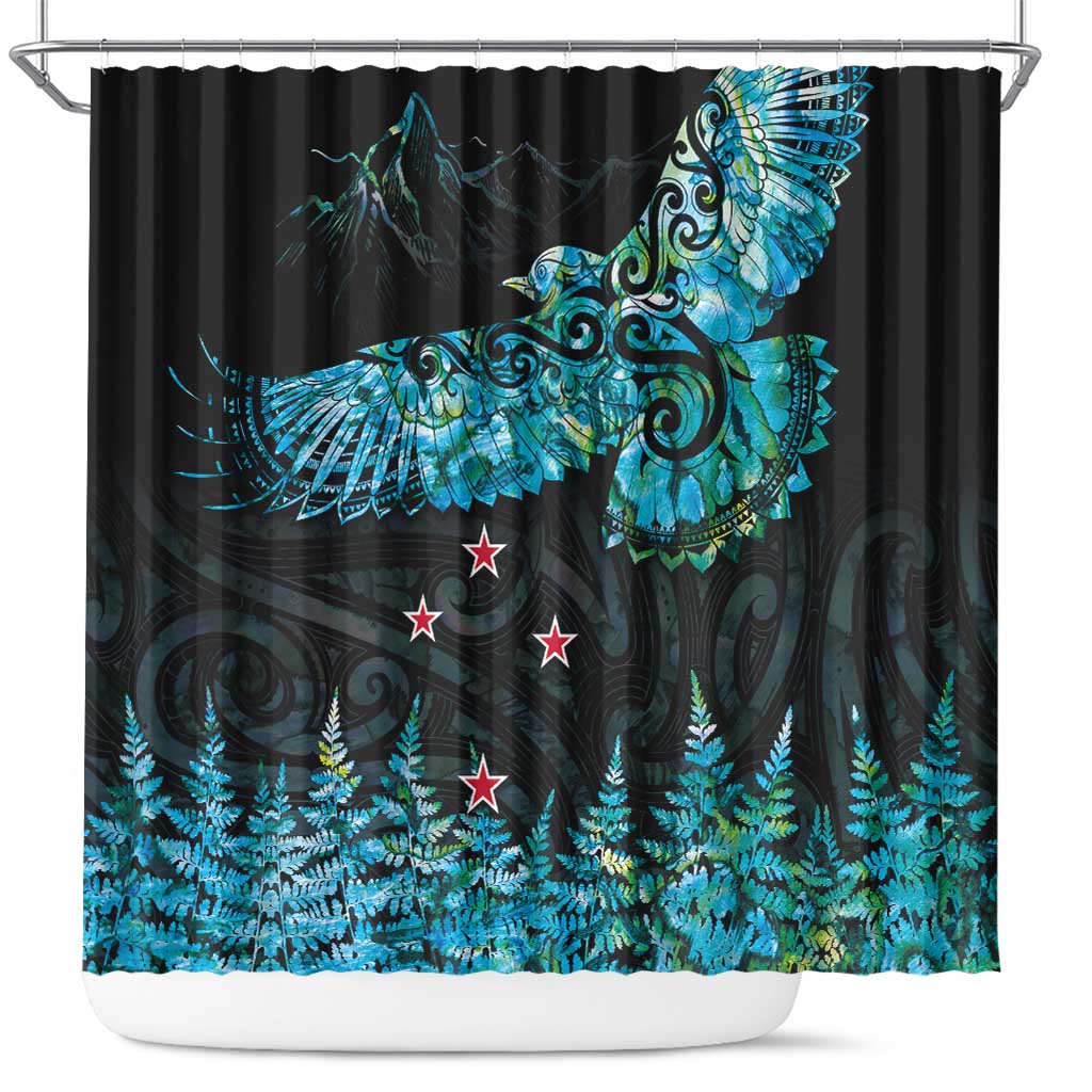 New Zealand Kea Bird Shower Curtain Maori Tattoo and Silver Fern Paua Shell Style