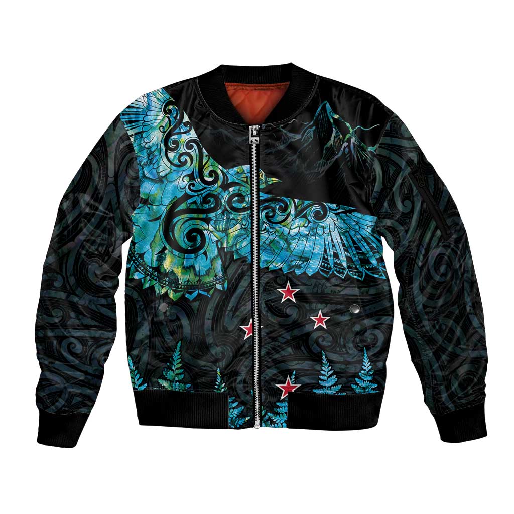 New Zealand Kea Bird Sleeve Zip Bomber Jacket Maori Tattoo and Silver Fern Paua Shell Style