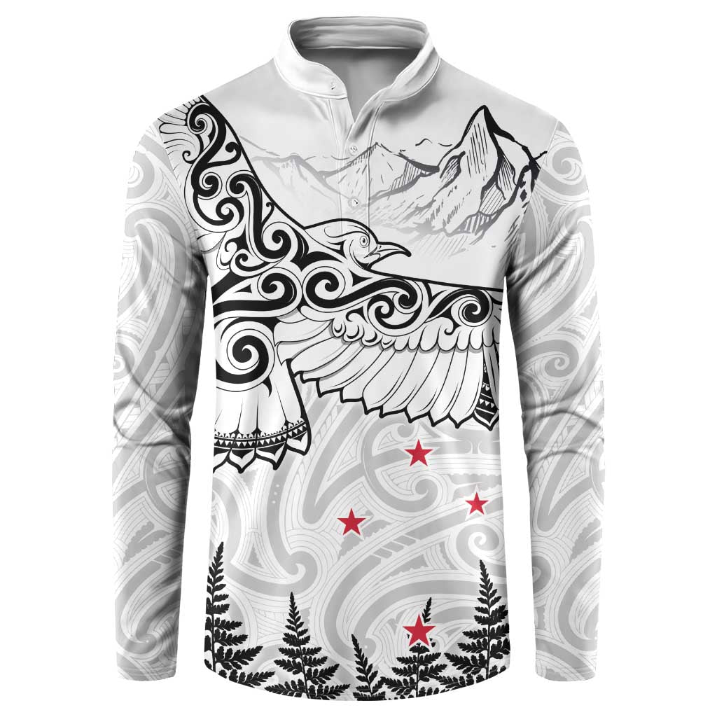 New Zealand Kea Bird Button Sweatshirt Maori Tattoo and Silver Fern White Color