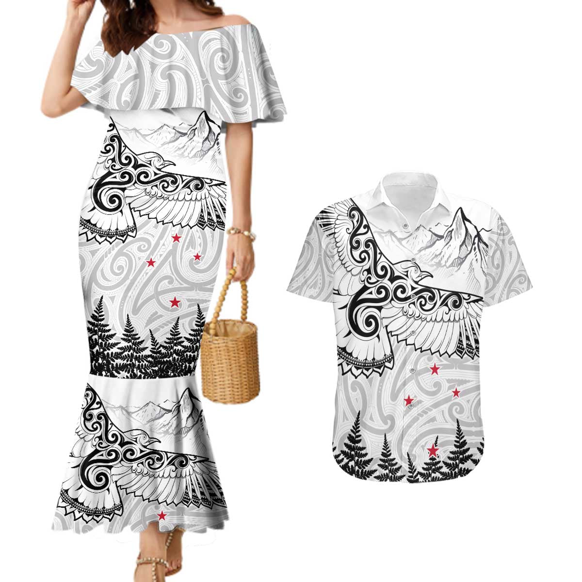 New Zealand Kea Bird Couples Matching Mermaid Dress and Hawaiian Shirt Maori Tattoo and Silver Fern White Color