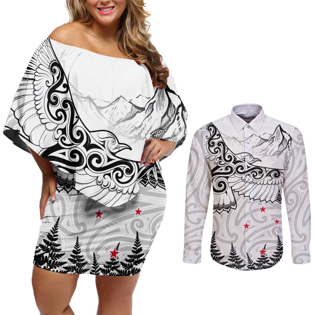 New Zealand Kea Bird Couples Matching Off Shoulder Short Dress and Long Sleeve Button Shirt Maori Tattoo and Silver Fern White Color