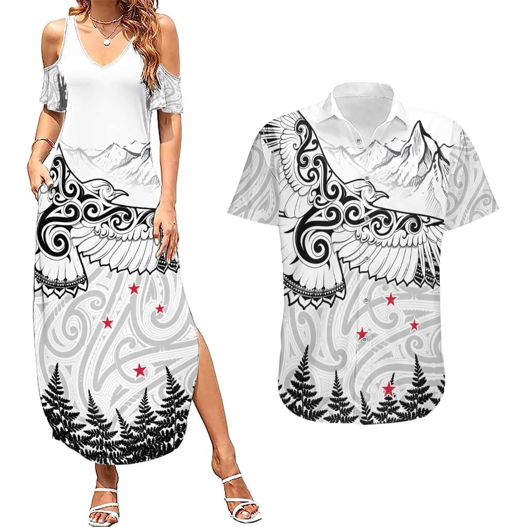 New Zealand Kea Bird Couples Matching Summer Maxi Dress and Hawaiian Shirt Maori Tattoo and Silver Fern White Color