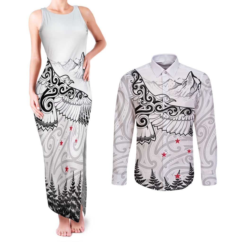 New Zealand Kea Bird Couples Matching Tank Maxi Dress and Long Sleeve Button Shirt Maori Tattoo and Silver Fern White Color