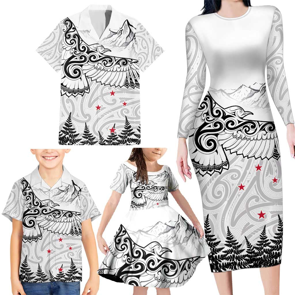 New Zealand Kea Bird Family Matching Long Sleeve Bodycon Dress and Hawaiian Shirt Maori Tattoo and Silver Fern White Color