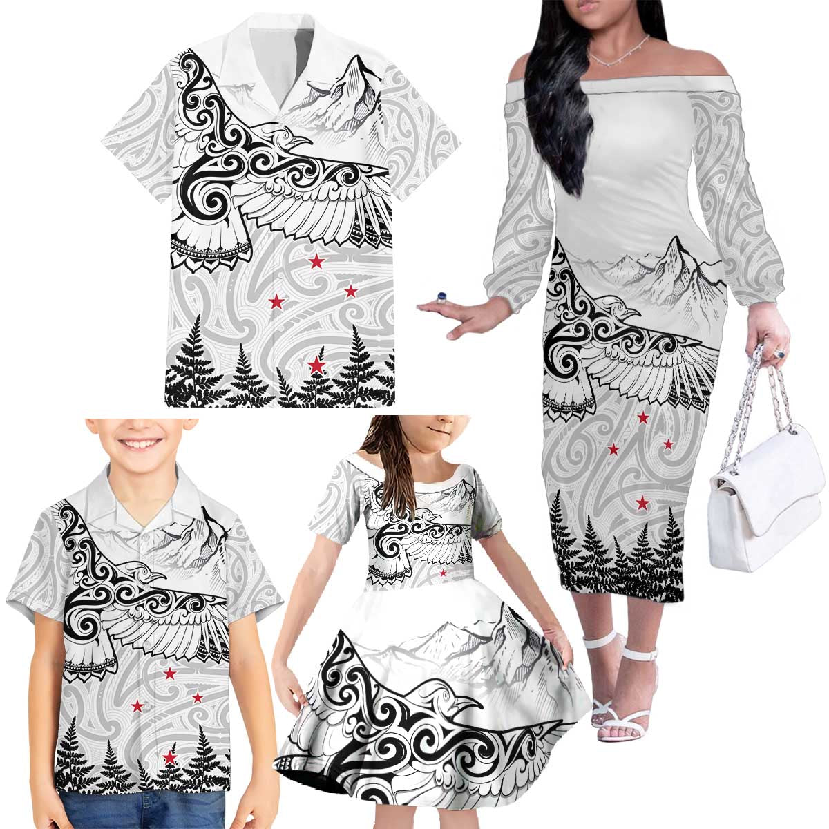 New Zealand Kea Bird Family Matching Off The Shoulder Long Sleeve Dress and Hawaiian Shirt Maori Tattoo and Silver Fern White Color