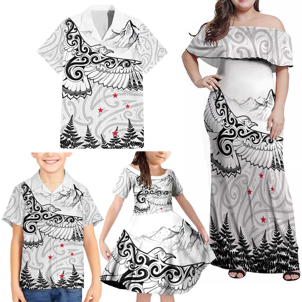 New Zealand Kea Bird Family Matching Off Shoulder Maxi Dress and Hawaiian Shirt Maori Tattoo and Silver Fern White Color