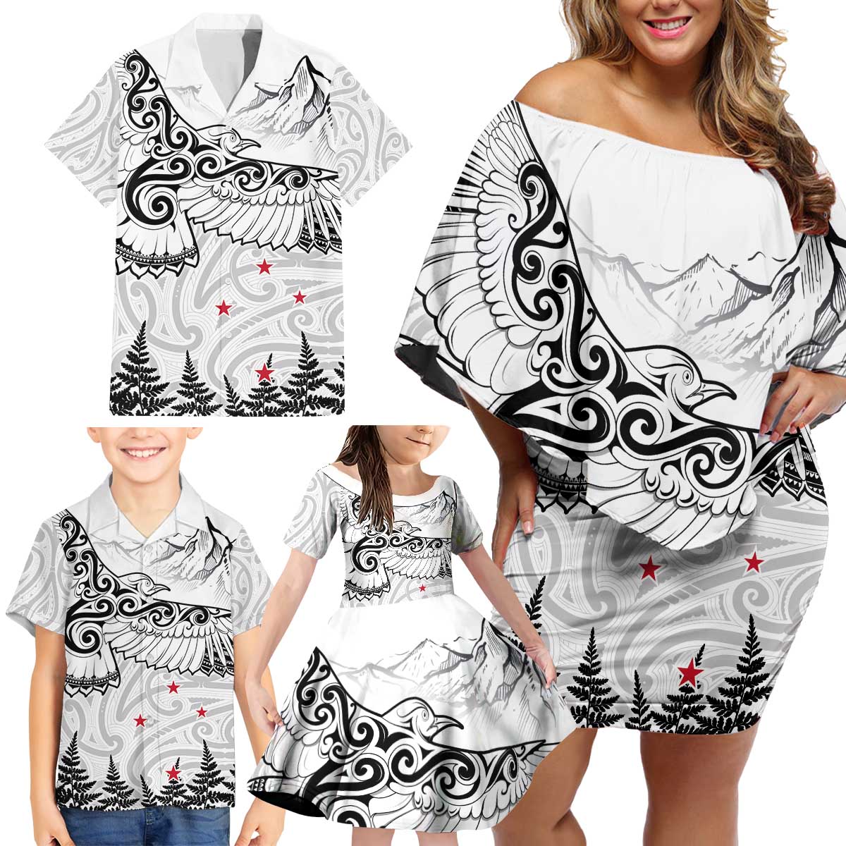 New Zealand Kea Bird Family Matching Off Shoulder Short Dress and Hawaiian Shirt Maori Tattoo and Silver Fern White Color