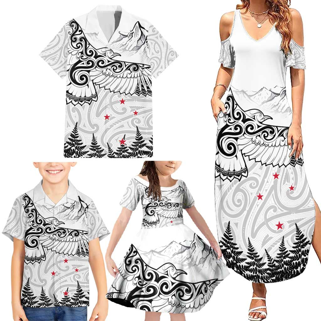 New Zealand Kea Bird Family Matching Summer Maxi Dress and Hawaiian Shirt Maori Tattoo and Silver Fern White Color