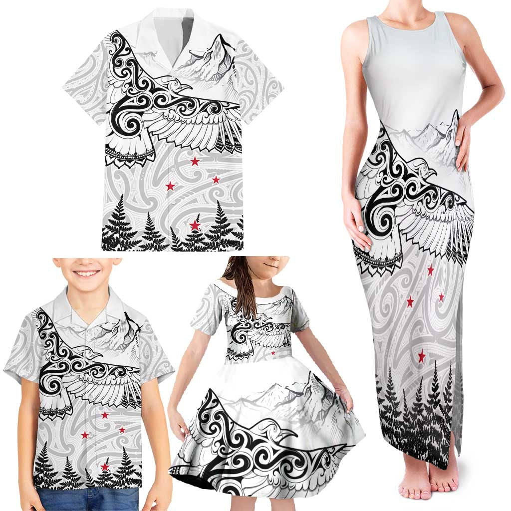 New Zealand Kea Bird Family Matching Tank Maxi Dress and Hawaiian Shirt Maori Tattoo and Silver Fern White Color