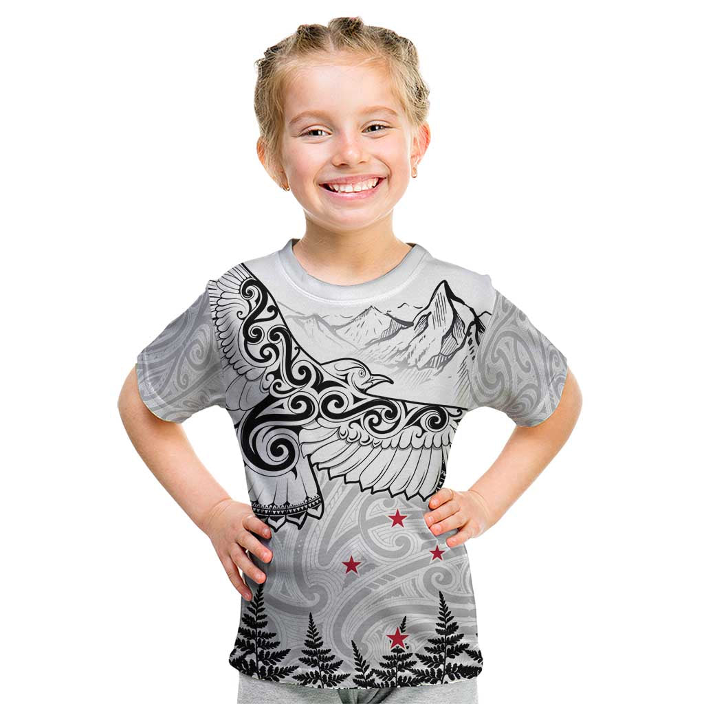 New Zealand Kea Bird Kid T Shirt Maori Tattoo and Silver Fern White Color