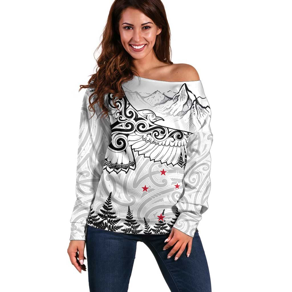 New Zealand Kea Bird Off Shoulder Sweater Maori Tattoo and Silver Fern White Color LT03 Women White - Polynesian Pride