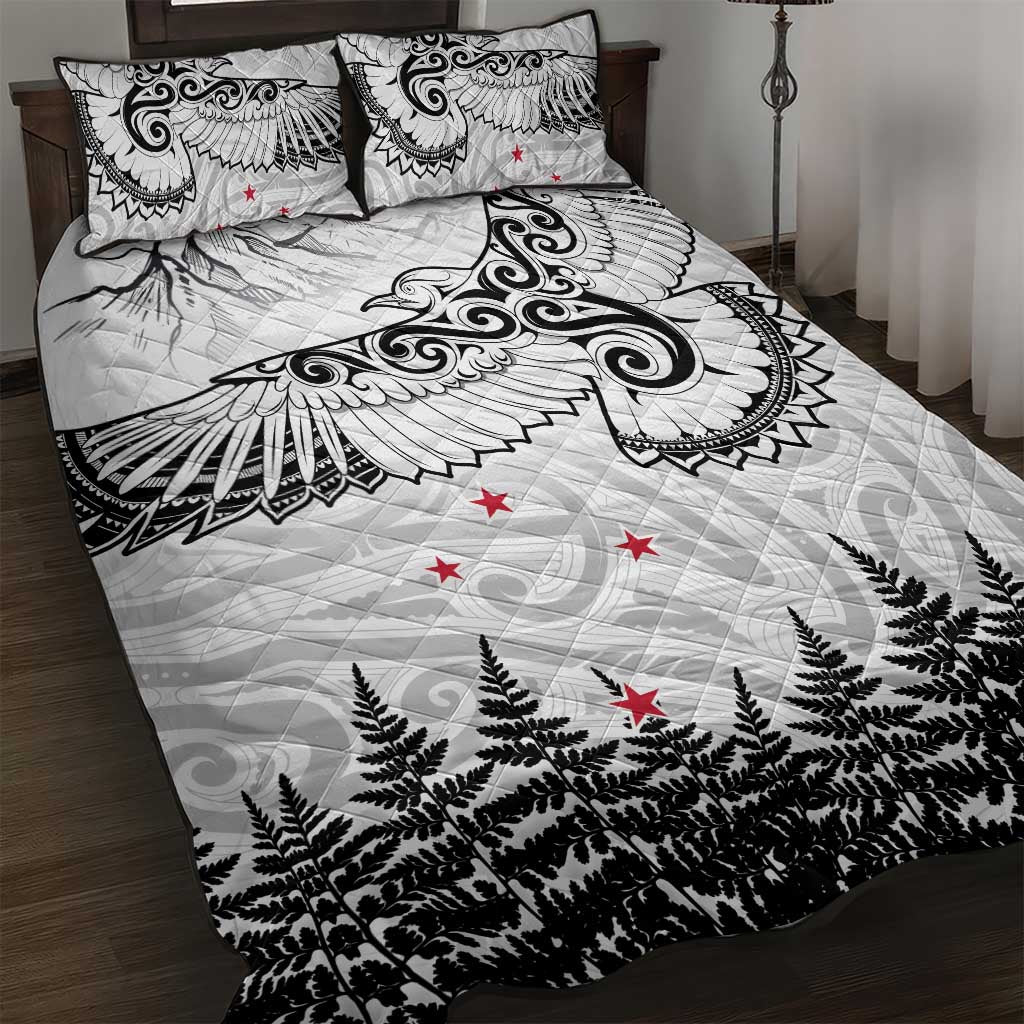 New Zealand Kea Bird Quilt Bed Set Maori Tattoo and Silver Fern White Color