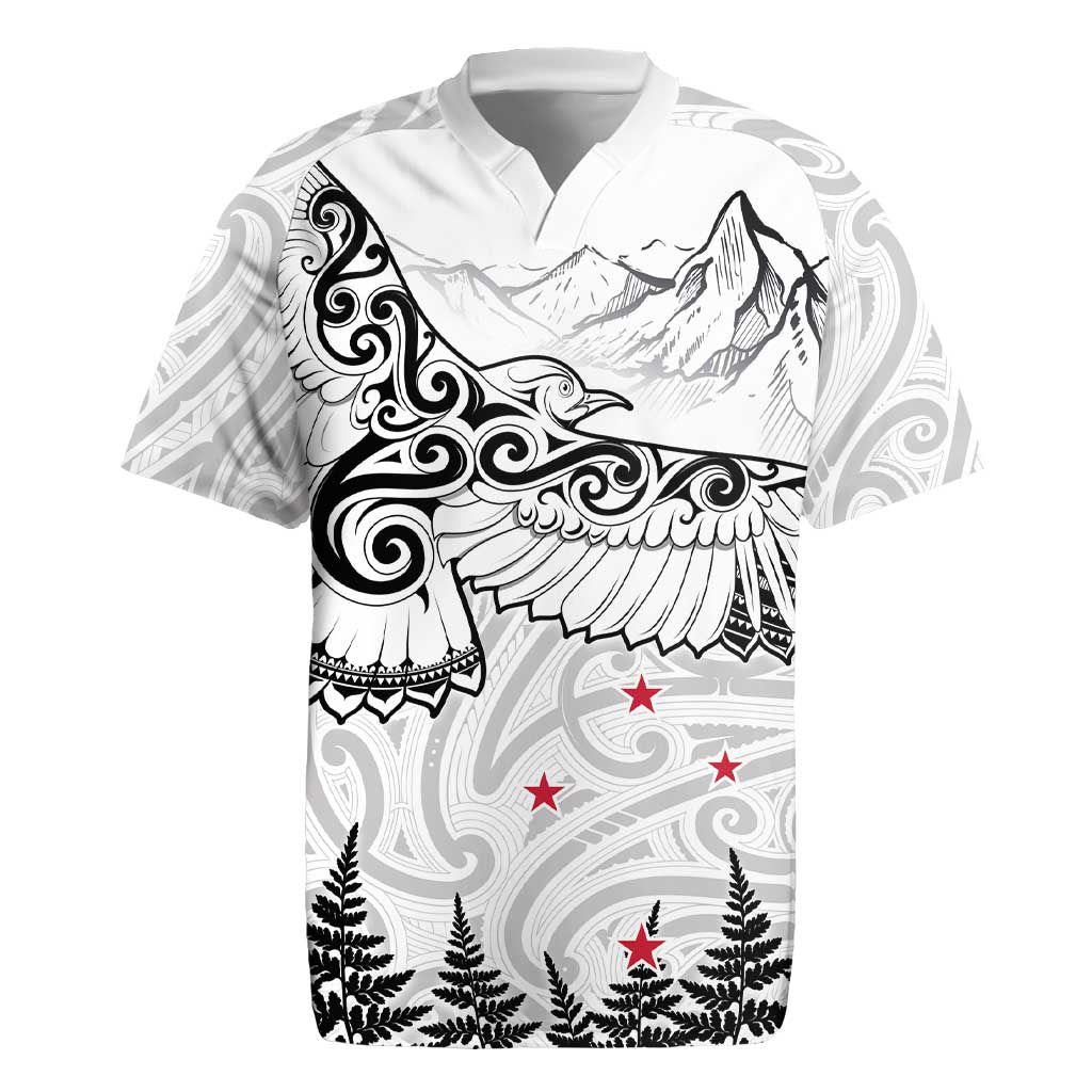 New Zealand Kea Bird Rugby Jersey Maori Tattoo and Silver Fern White Color