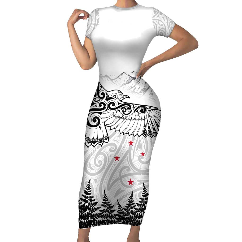 New Zealand Kea Bird Short Sleeve Bodycon Dress Maori Tattoo and Silver Fern White Color