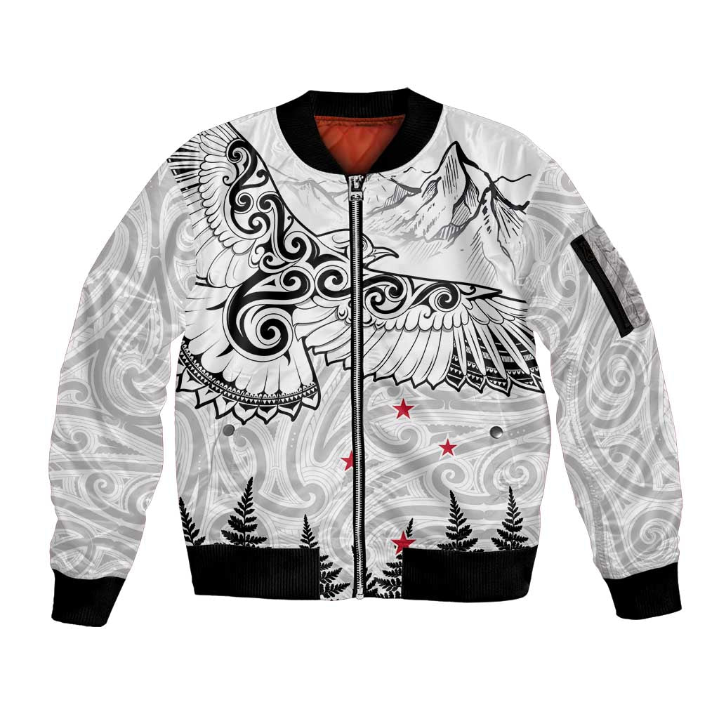 New Zealand Kea Bird Sleeve Zip Bomber Jacket Maori Tattoo and Silver Fern White Color