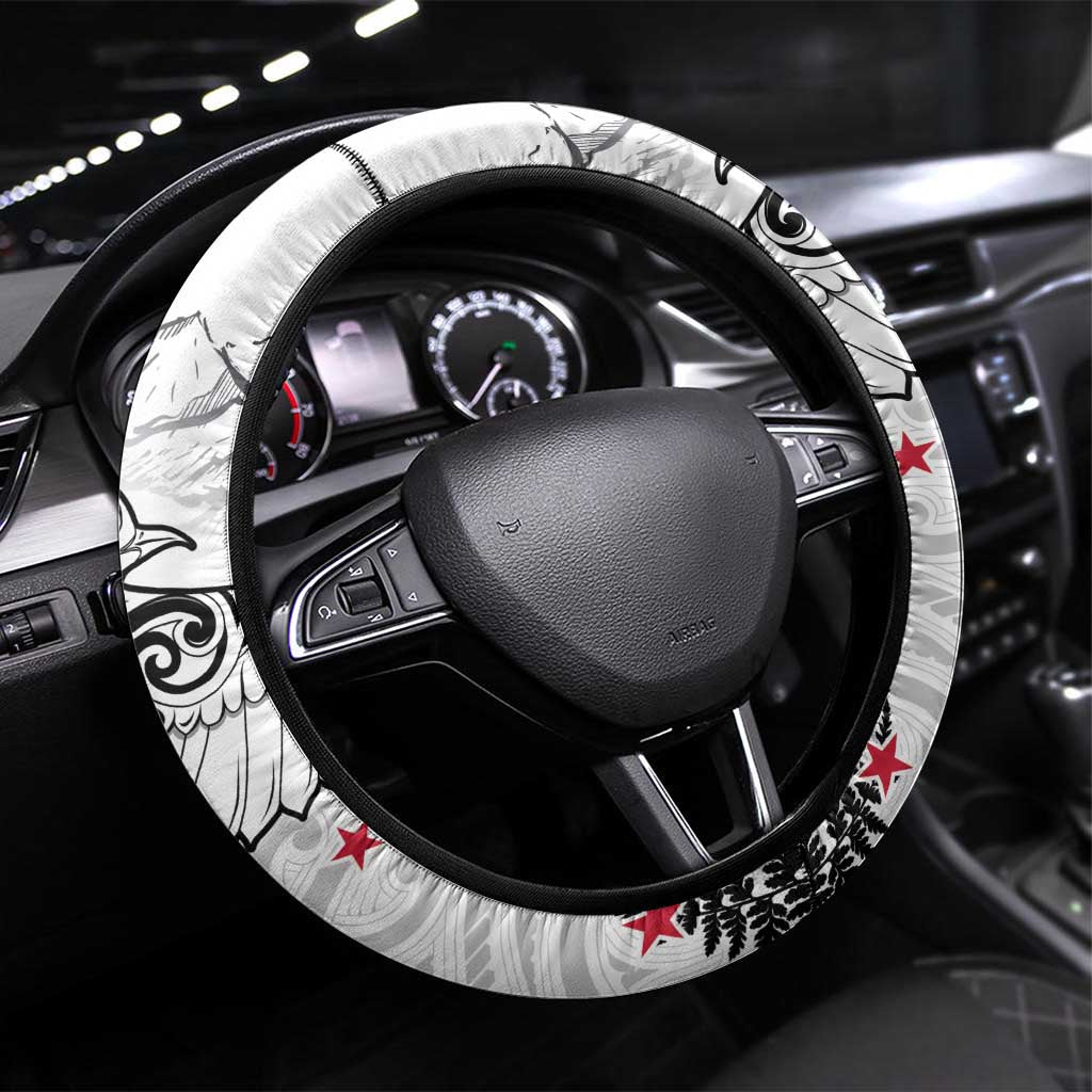 New Zealand Kea Bird Steering Wheel Cover Maori Tattoo and Silver Fern White Color