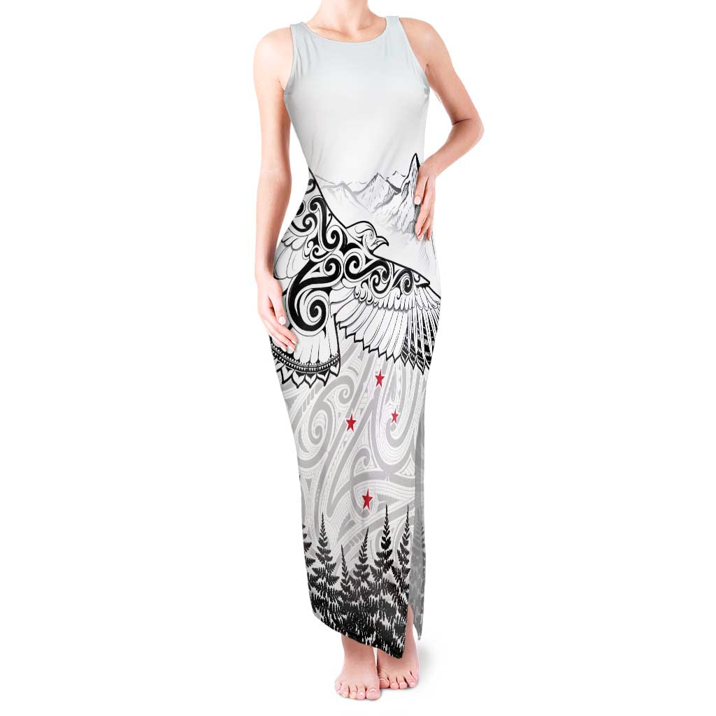 New Zealand Kea Bird Tank Maxi Dress Maori Tattoo and Silver Fern White Color