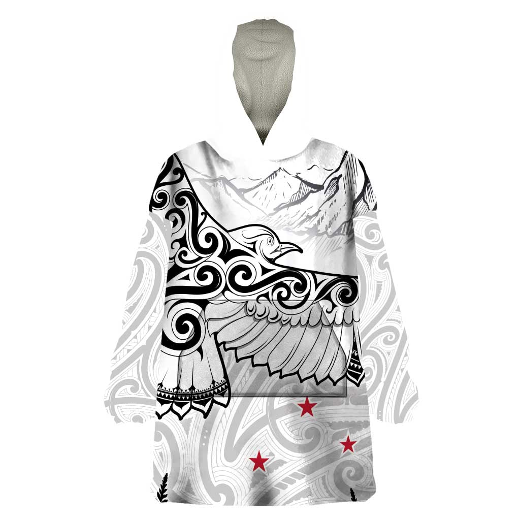 New Zealand Kea Bird Wearable Blanket Hoodie Maori Tattoo and Silver Fern White Color