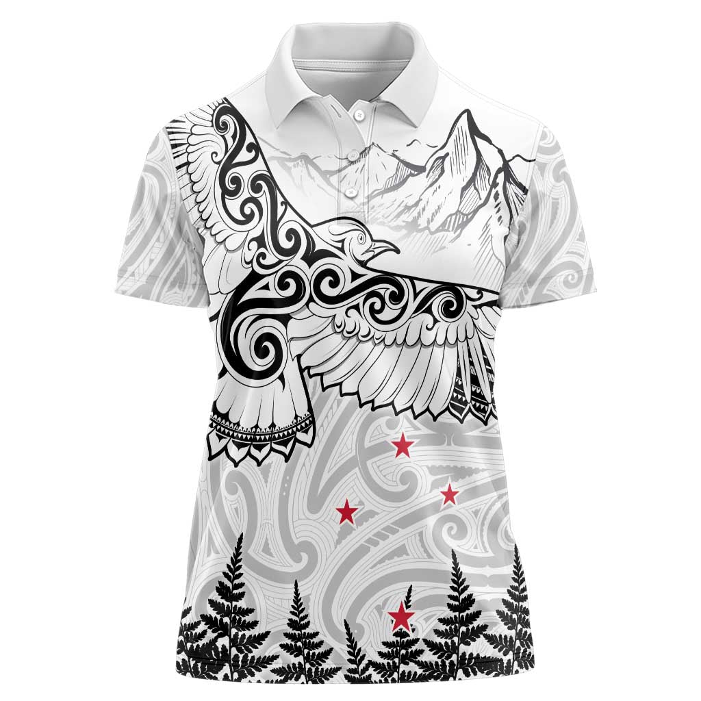 New Zealand Kea Bird Women Polo Shirt Maori Tattoo and Silver Fern White Color LT03 Female White - Polynesian Pride