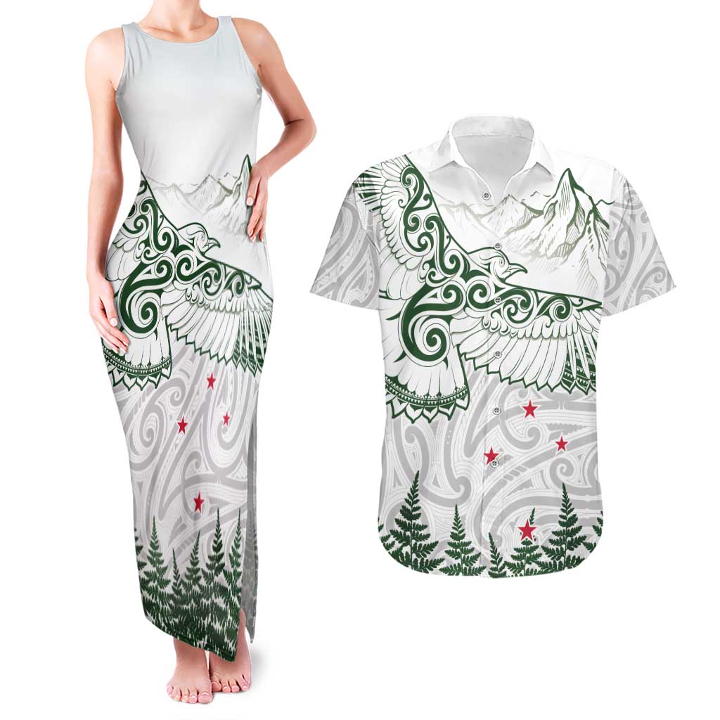 New Zealand Kea Bird Couples Matching Tank Maxi Dress and Hawaiian Shirt Maori Tattoo and Silver Fern Green Color