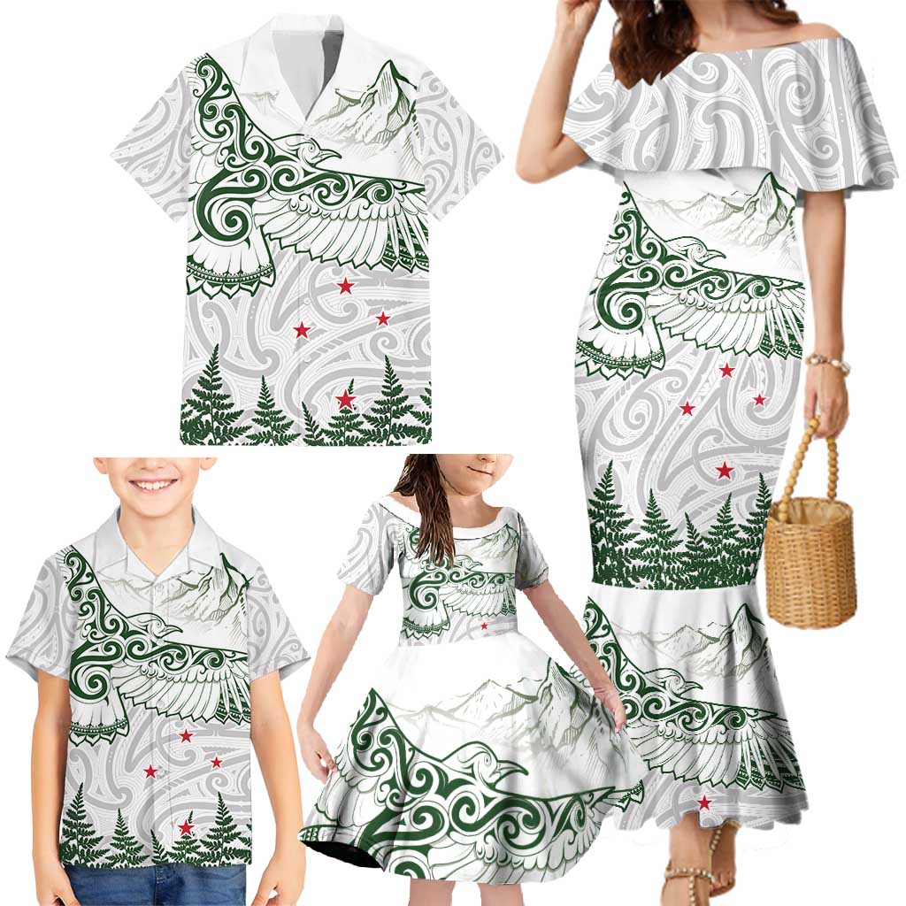 New Zealand Kea Bird Family Matching Mermaid Dress and Hawaiian Shirt Maori Tattoo and Silver Fern Green Color