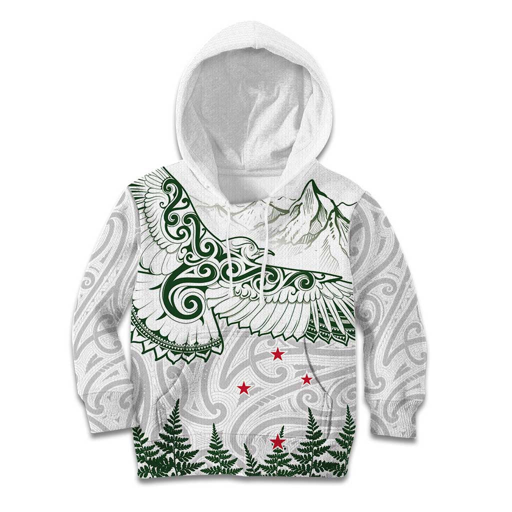 New Zealand Kea Bird Kid Hoodie Maori Tattoo and Silver Fern Green Color