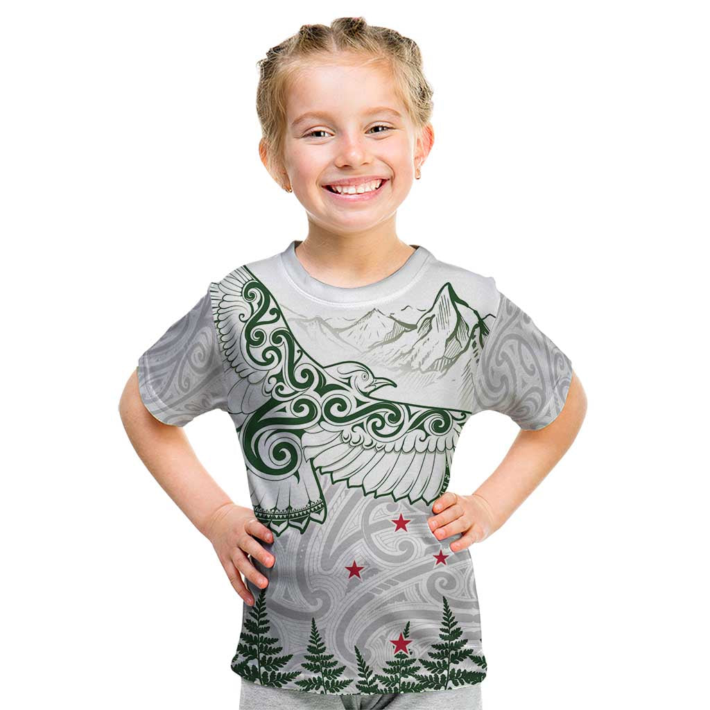 New Zealand Kea Bird Kid T Shirt Maori Tattoo and Silver Fern Green Color