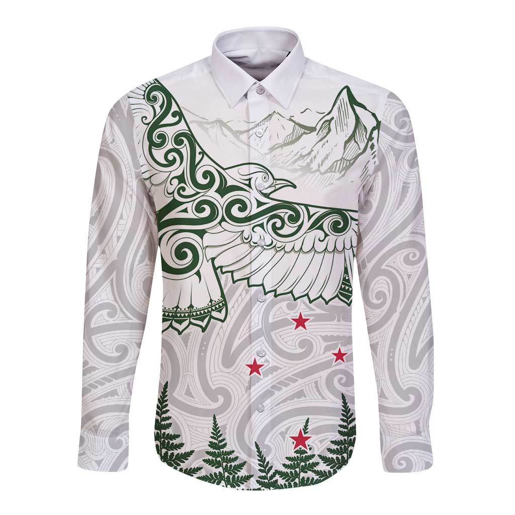 New Zealand Kea Bird Long Sleeve Button Shirt Maori Tattoo and Silver Fern Green Color