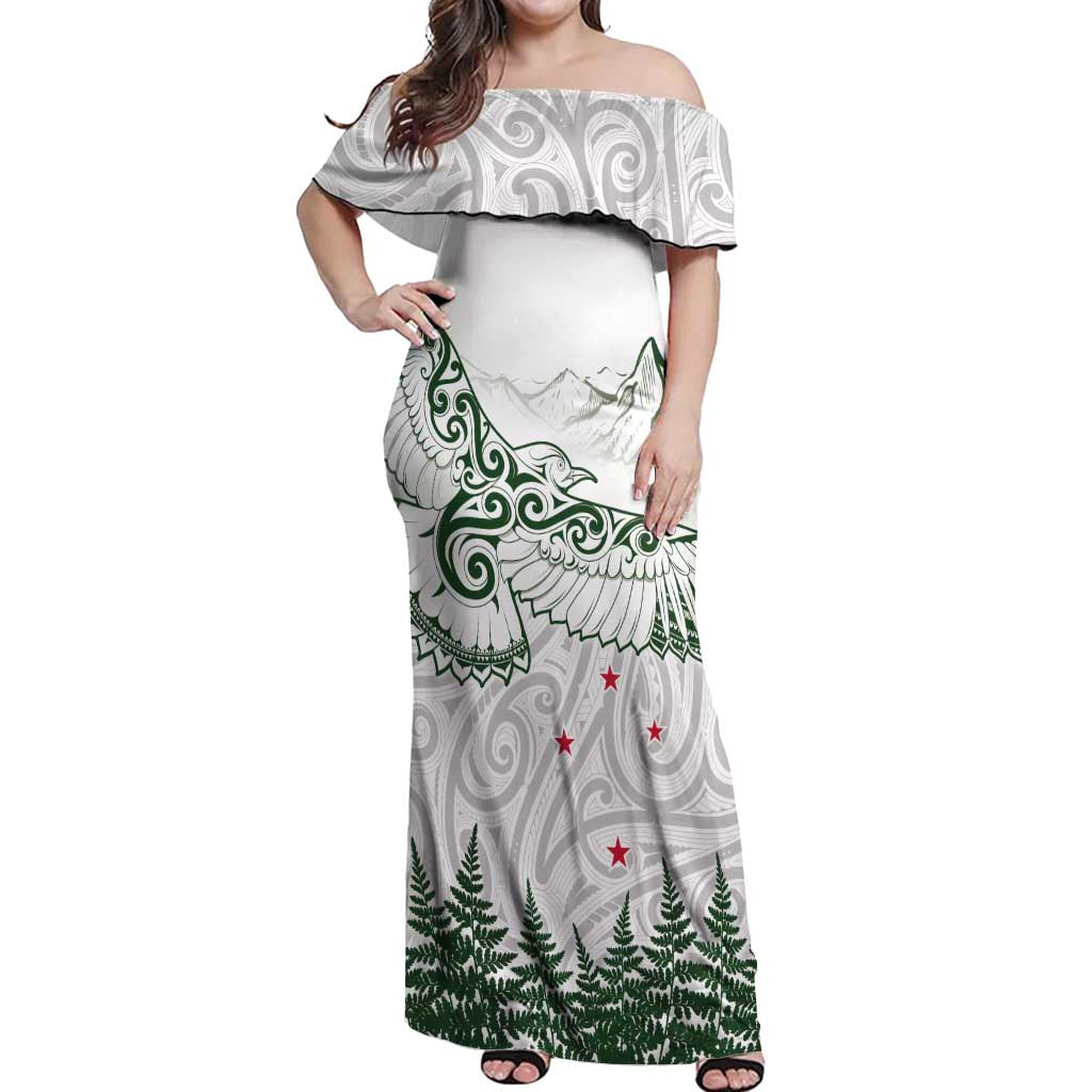 New Zealand Kea Bird Off Shoulder Maxi Dress Maori Tattoo and Silver Fern Green Color