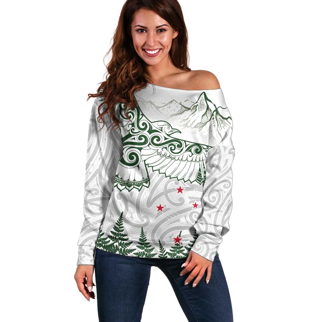 New Zealand Kea Bird Off Shoulder Sweater Maori Tattoo and Silver Fern Green Color LT03 Women White - Polynesian Pride
