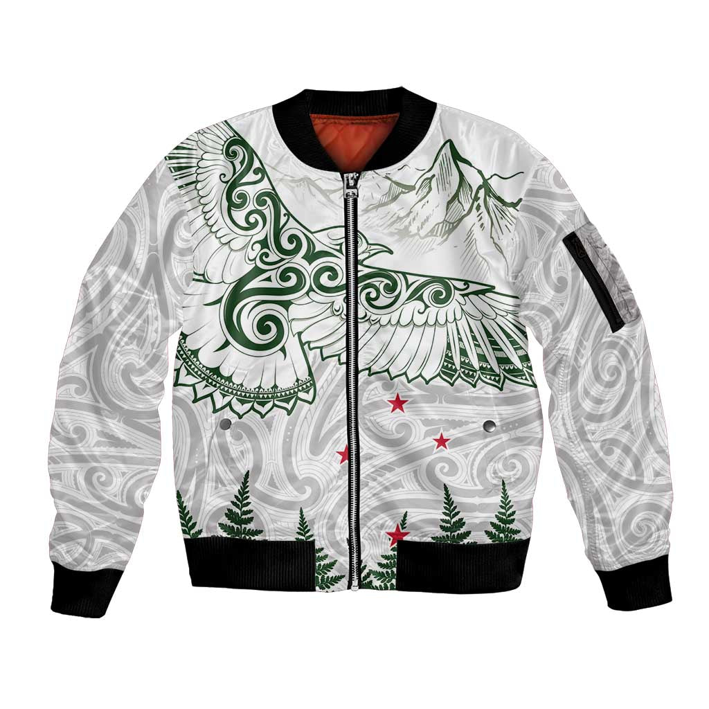 New Zealand Kea Bird Sleeve Zip Bomber Jacket Maori Tattoo and Silver Fern Green Color