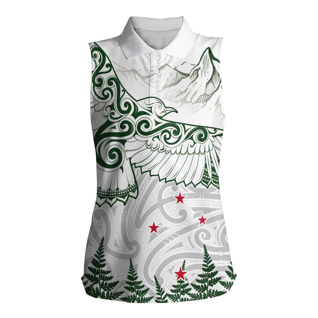 New Zealand Kea Bird Women Sleeveless Polo Shirt Maori Tattoo and Silver Fern Green Color